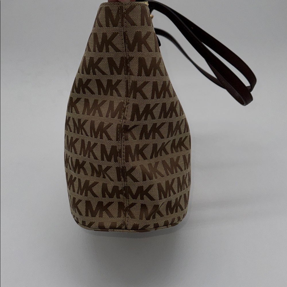 MICHAEL KORS BEIGE BROWN JACQUARD MK SIGNATURE TOTE BAG PURSE NEW - Picture 2 of 9